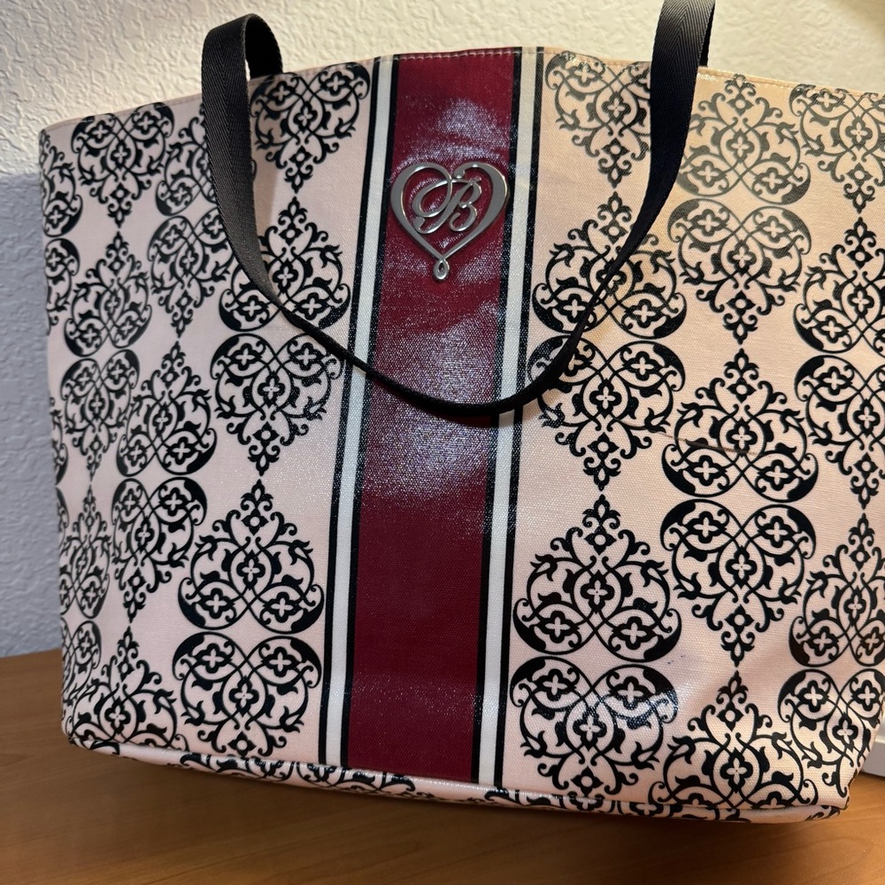 BRIGHTON pink with red and black accent tote bag, snap closure, black handles